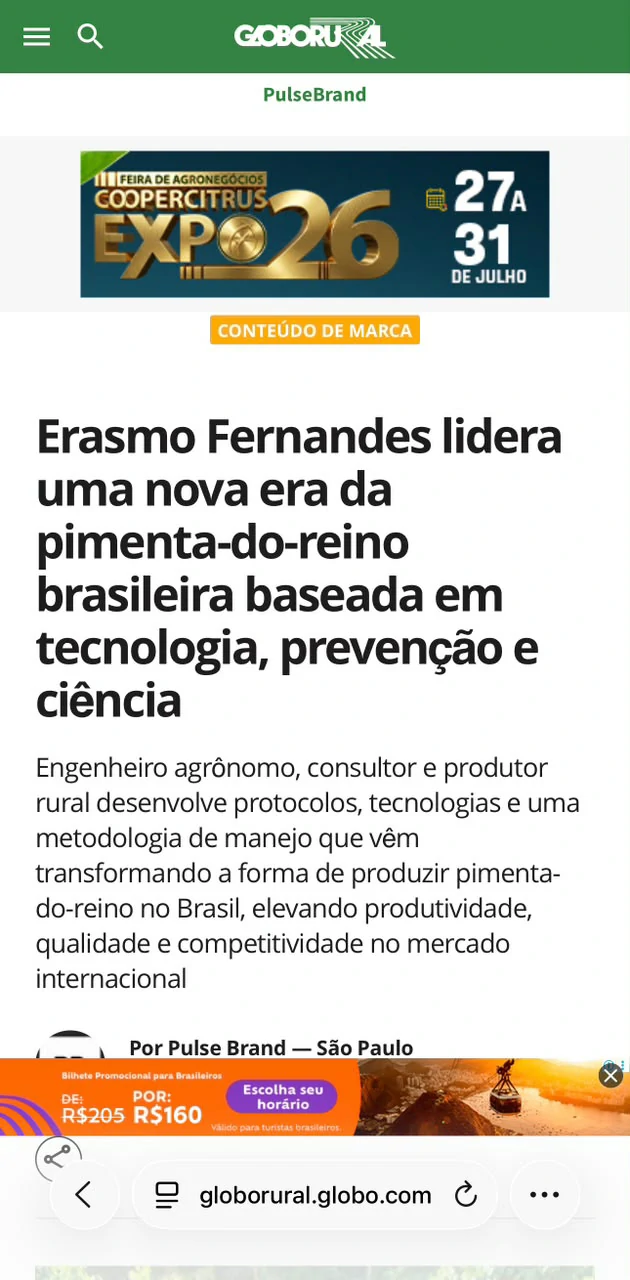 Publicação sobre Erasmo Fernandes no Globo Rural